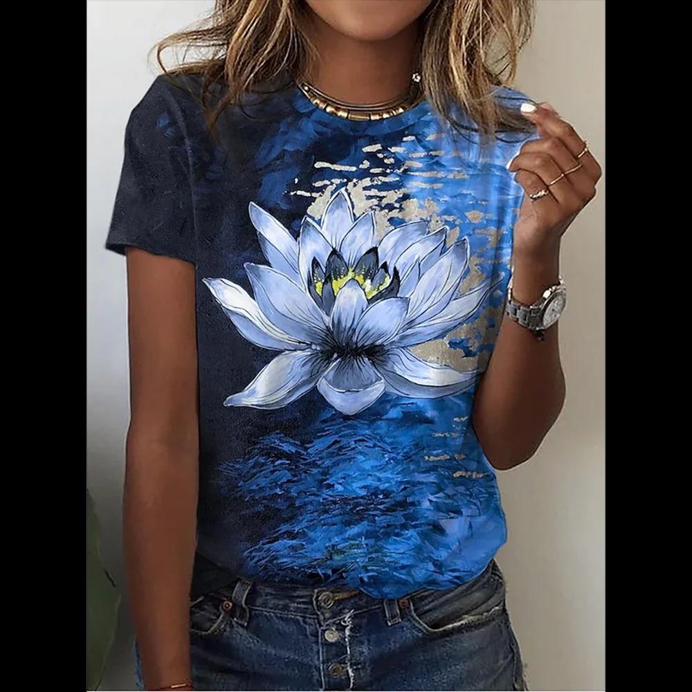 Summer Round Neck 3D Dragonfly Butterfly Lotus Printed Top Fashionable Casual Short Sleeved Women's T-shirts