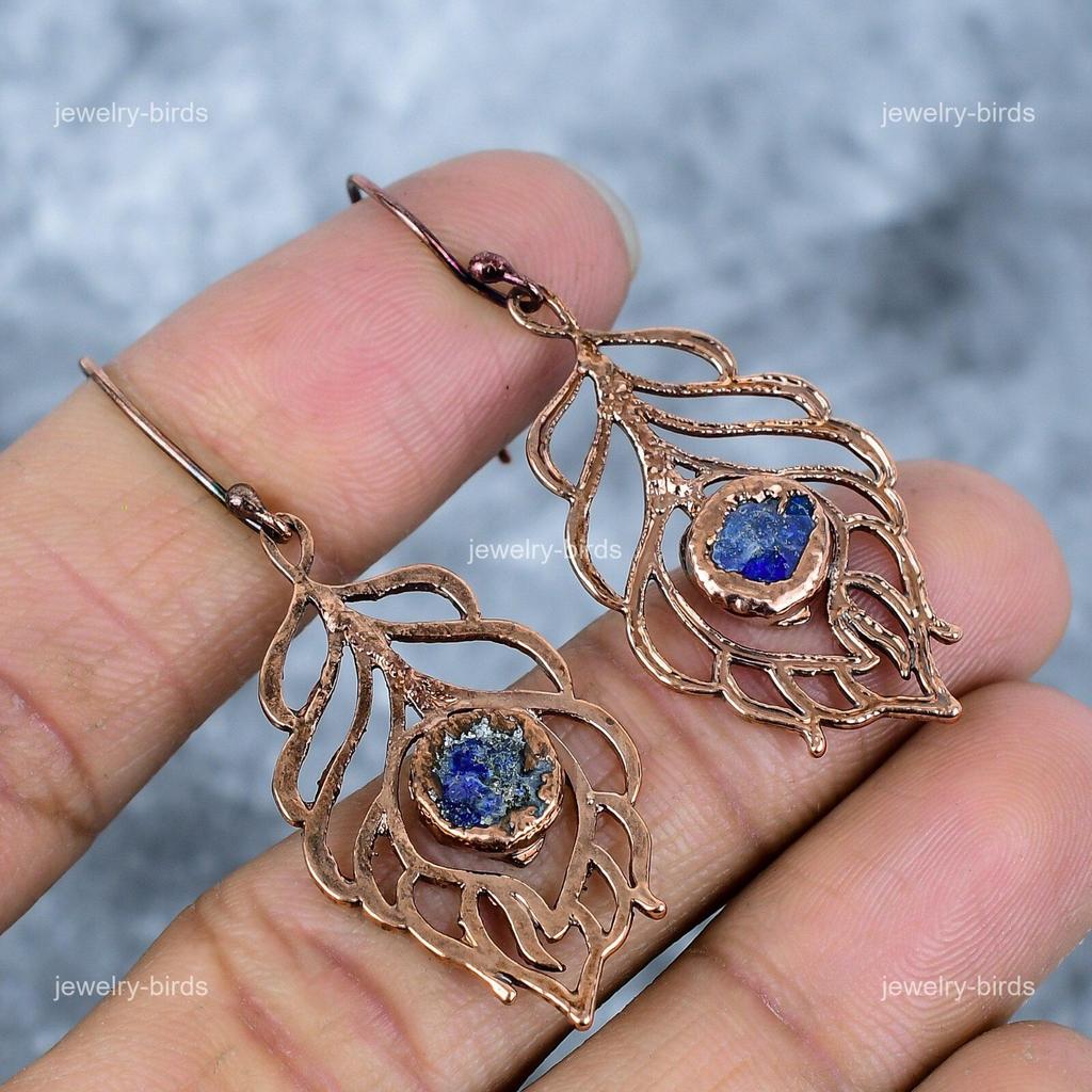 Round Lapis Lazuli Stone Electroformed September Dangling Ethnic Earrings Copper VP-85