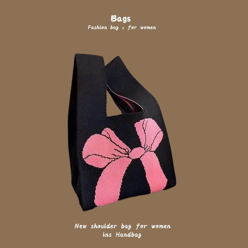 Ins Trendy Handbag Women'S Knitted Wool Bucket Bag Hand Carry Casual Tote Bag Box Lunch Bag