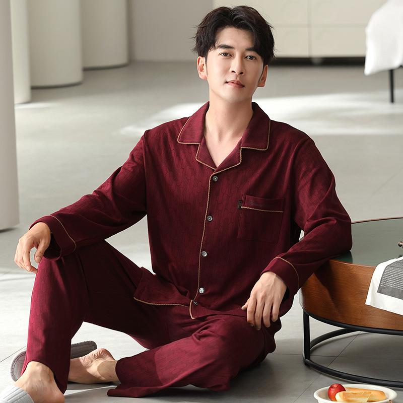 Men'S Pajamas Spring And Autumn Cotton Long-Sleeved Dad Fattened Plus Size Men'S Loungewear Suit