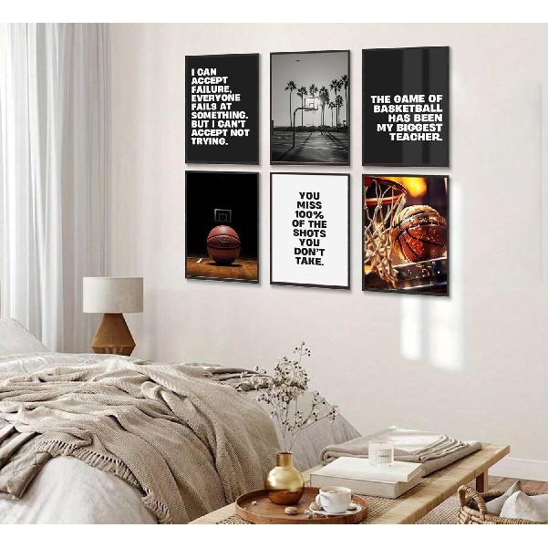 6pcs Basketball Wall Art Unframed Pirational Sport Canvas Black White Basketball Motivational Quotes Poster Prints Teen Boys Kids Painting Wall Decor