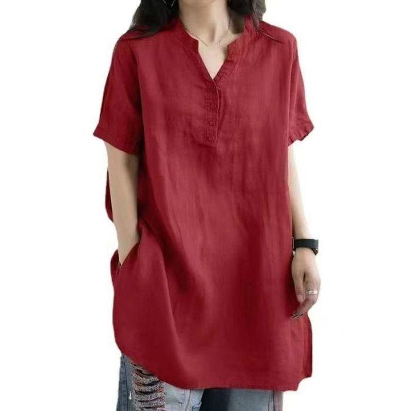 Middle-Aged Mother Cotton V-neck Short sleeve Shirts Women Summer Plus size Loose Slimming Western Style Mid-Length T-shirt Top