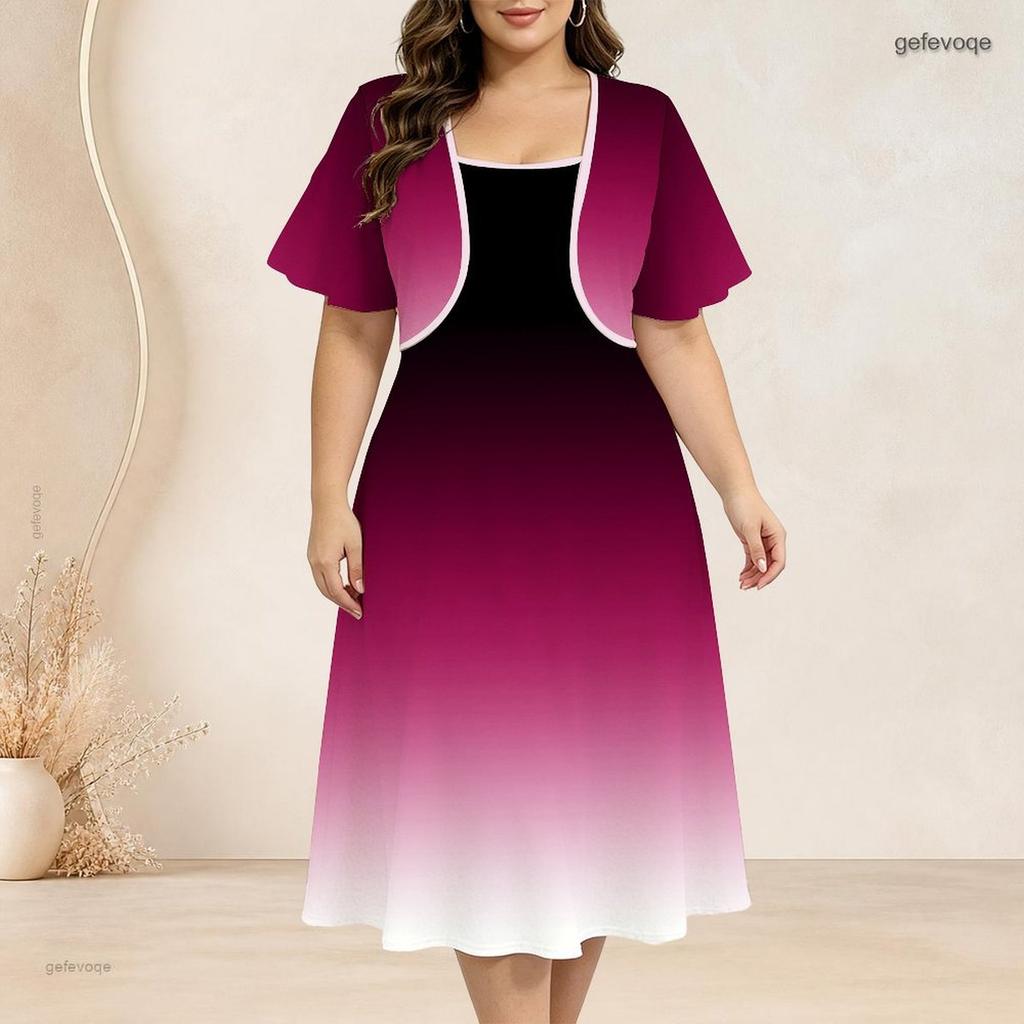 Women Plus Size Black Printed Two Piece Set Batwing Sleeve Cropped Shrug Strappy Flared Dress