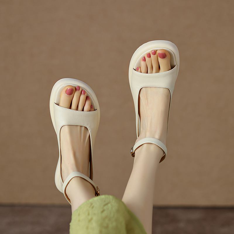 Krazing Pot Microfibră Peep Toe Tocuri joase Vară Platformă Plată Glezna Cataramă Femei Sandale de agrement