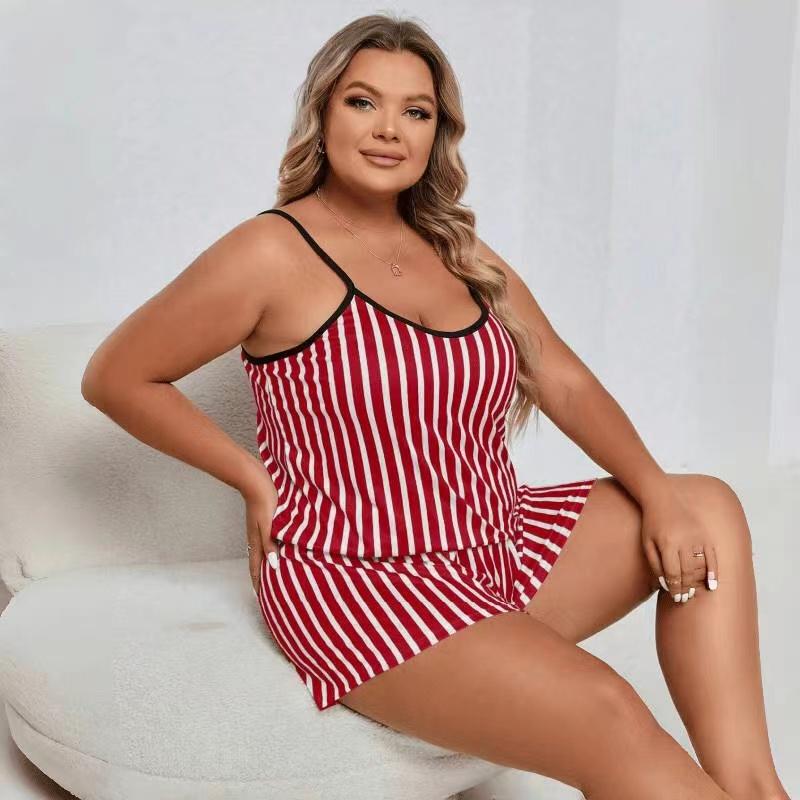 Zestaw piżamowy dla kobiet w paski w dużych rozmiarach, bez rękawów, z okrągłym dekoltem i elastycznymi szortami w pasie, z nadrukiem w kształcie serca, 2 sztuki, damska bielizna nocna