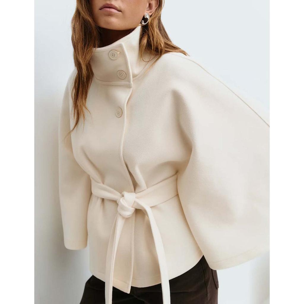 Fashion Solid Women's Lace Up Cape Coats Loose Stand Collar Batwing Sleeve Button Leisure Jackets 2025 Autumn Streetwear