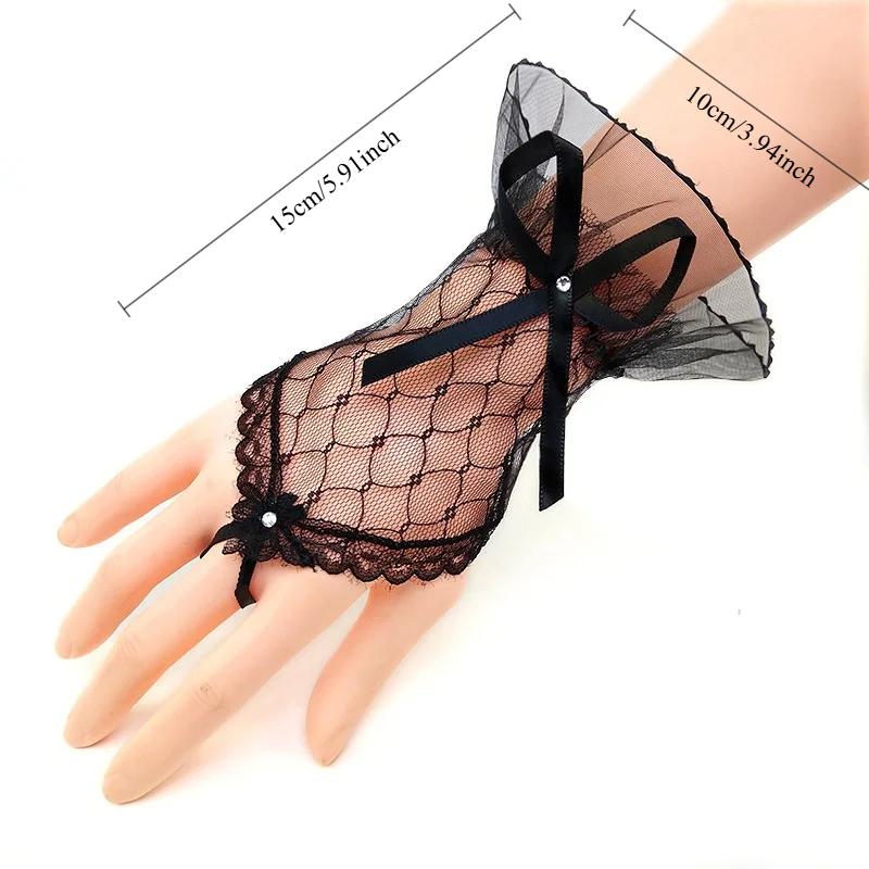 Mănuși Gotice Scurte Negre Femeie Harajuku Dantela Mireasă Nuntă Halloween Lolita Rochie Plasă Tifon Arc Manecă Manecă Fishnet