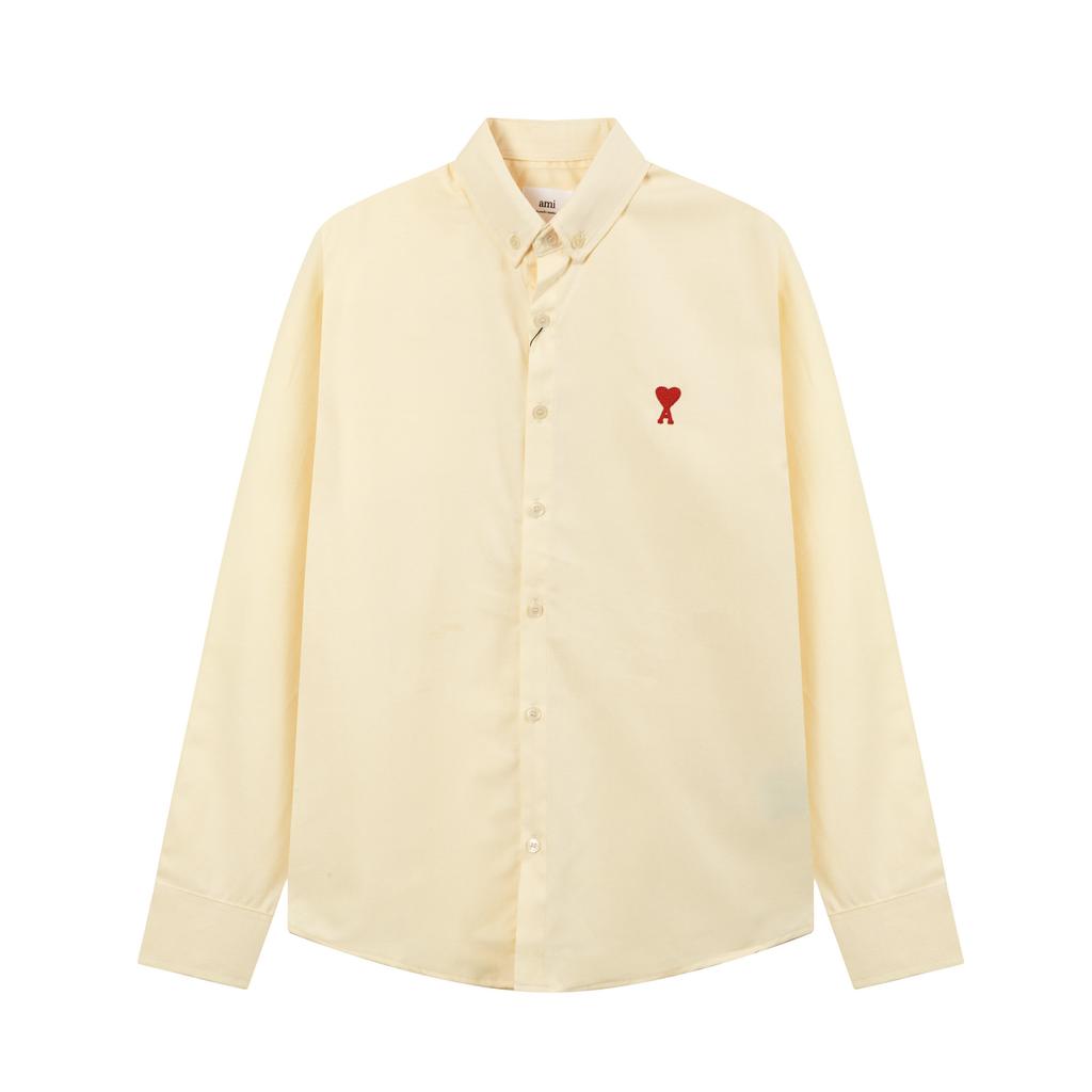 AMI Cămașă casual clasică de primăvară și toamnă, din bumbac, de culoare uni, cu mâneci lungi, cu inimă roșie brodată pe piept
