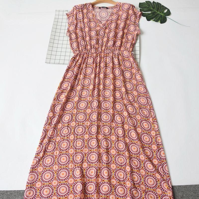 Export Cut Label Plus Size Summer Women's Rayon Print V-neck Waist-Controlled Slimming Mop Extended Nightdress Home Wear