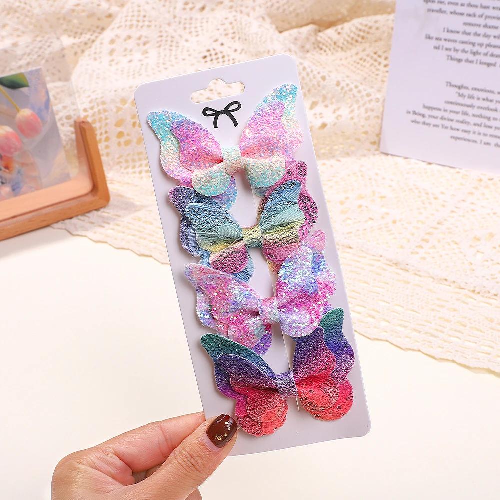 4Pcs/set Cute Sequins Double Butterfly Hair Bows Clip for Baby Girls Leather Kids Hairpins Barrettes Headwear Hair Acesssories