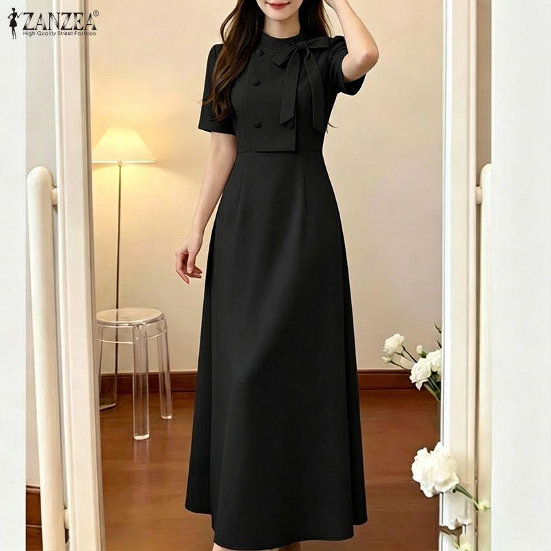 ZANZEA Women Casual Round Neck Solid Color Short Sleeve Elegant Dress