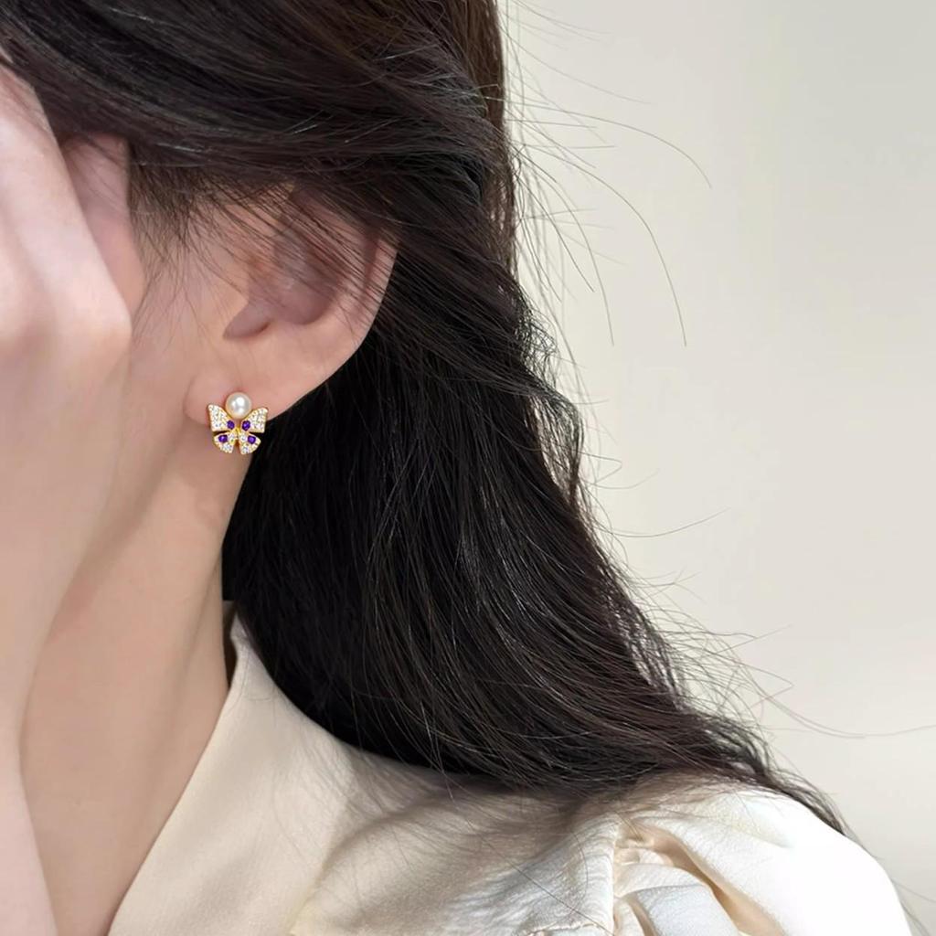 Zhuji Freshwater Pearl and Diamond Butterfly Stud Earrings for Women
