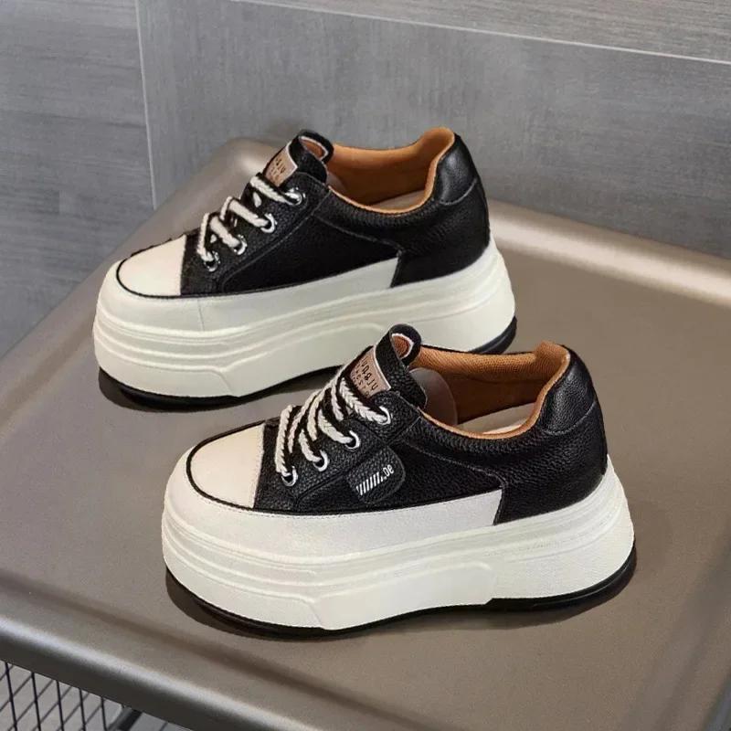 Fashion 9cm Genuine Leather Platform Sneakers Wedge Shoes for Women Breathable Sneakers Autumn Casual Shoes Hidden Heel Zapatillas Mujer