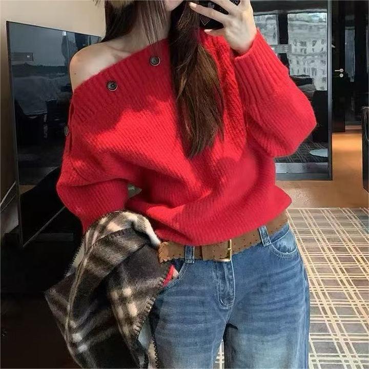 2026 New Arrival Women's Red One-Shoulder Knit Pullover Sweater - Loose, Lazy Style for Autumn/Winter