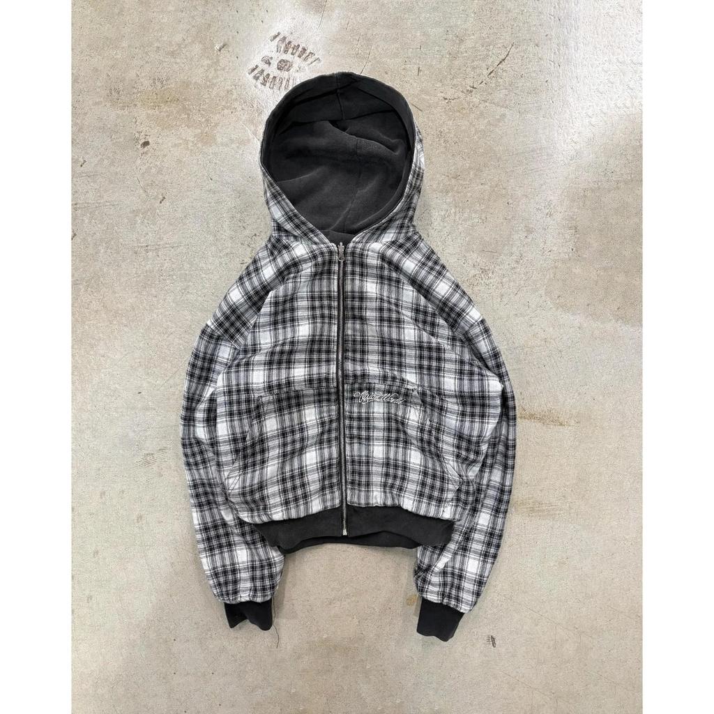 STREETRICH Herbst und Winter Neu Amerikanischer Retro Stehkragen, Vorne und Hinten Locker Arbeitskleidung, Karierte Kapuzenjacke