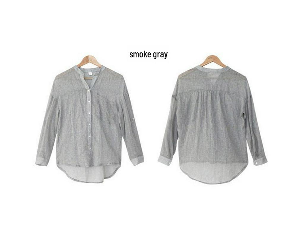 

Жіноча сонцезахисна сорочка з лляного матеріалу з рукавами 3/4 та коміром-стійкою - вільний крій, легка, суміш бавовни та льону Small сірий колір