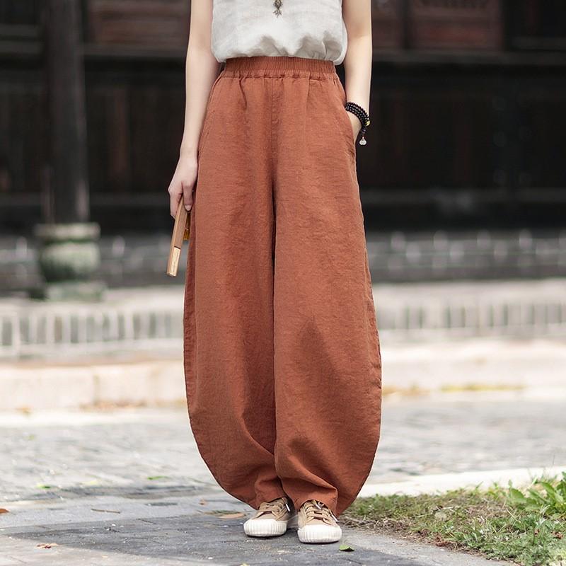 Johnature Women Vintage Pants Summer Chinese Style Solid Color Loose Elastic Waist Trousers Soft Pants