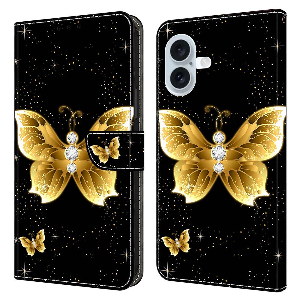 For iPhone 16 Leather Case Pattern Printing Wallet Stand Flip Phone Cover
