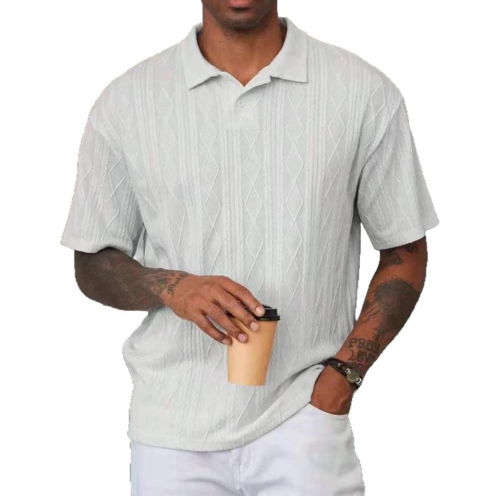 Vintage-style loose-fit textured knit polo shirt for men: collared T-shirt, breathable short-sleeved top