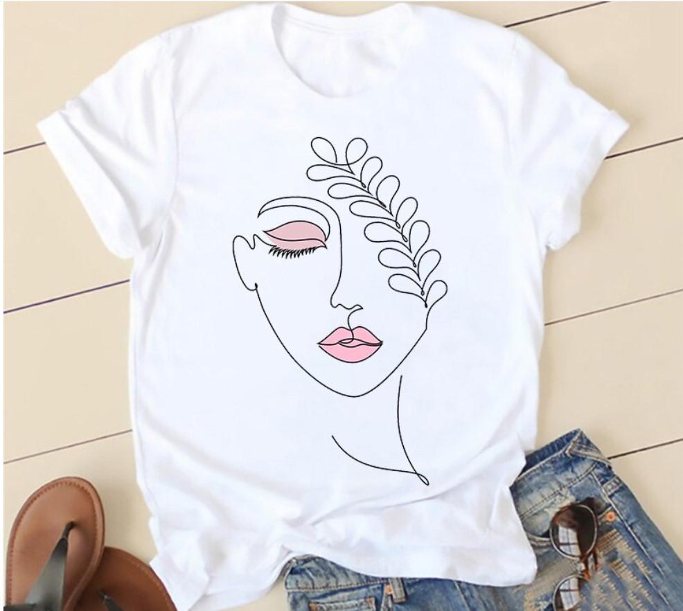 Creative Face Graphics Woman Graphics 90S Blouses Harajuku Summer Short Sleeve O-Neck White Female Tops Streetwear Y2K Clothing