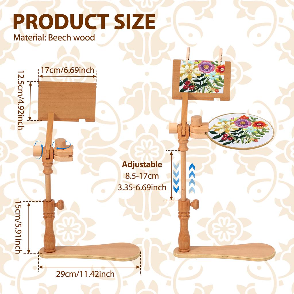 Embroidery Hoop Stand Adjustable Beech Wood Cross Stitch Stand Rotated Embroidery Frame Stand for Art Craft Sewing Needlework