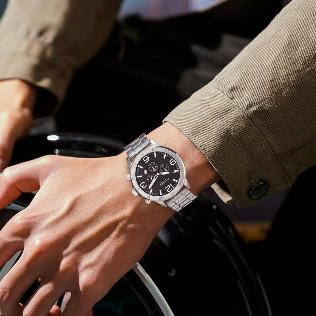 BUREI Analog Watch with Date Waterproof Quartz Black Simple Design for Business and Casual Chronograph with Large Luxury Gift for Men Men's Display,