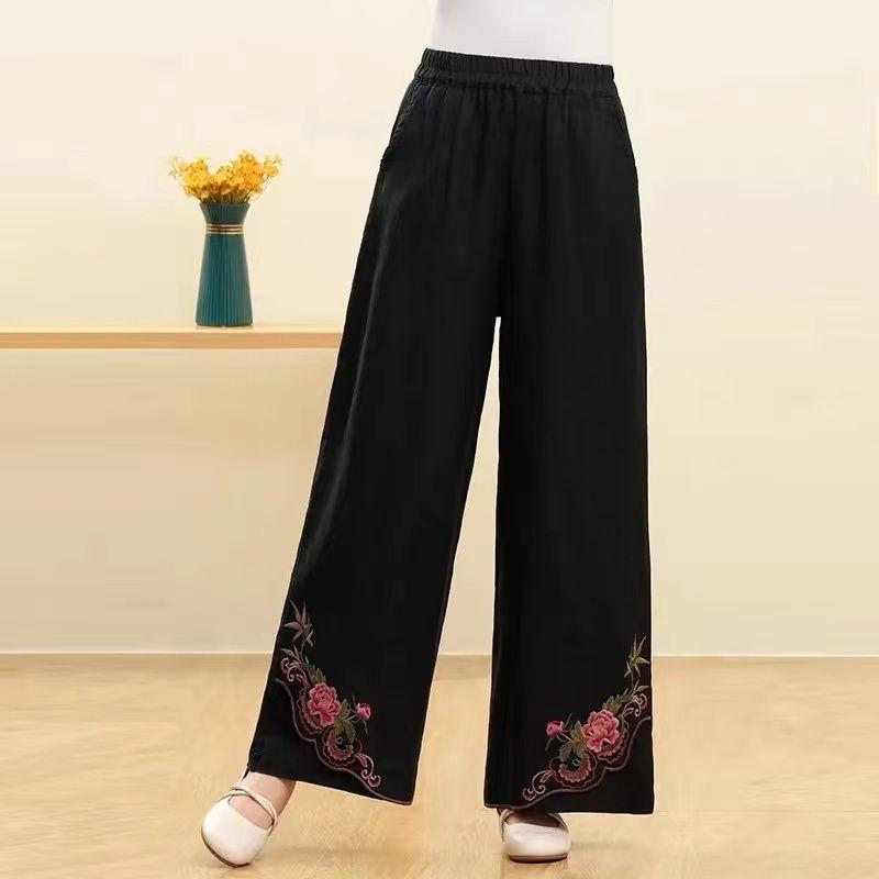 Retro Chinesischer Stil Lockere Bestickte Weitbeinige Hose für Damen Hohe Taille Freizeithose Gerades Bein Hose für Damen