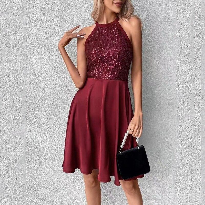 Fashion Sequin Stitching A-line Summer Dress Women Party Tank Short Princess Dress 2023 Sleeveless Y2k Pleated Clothes 25482
