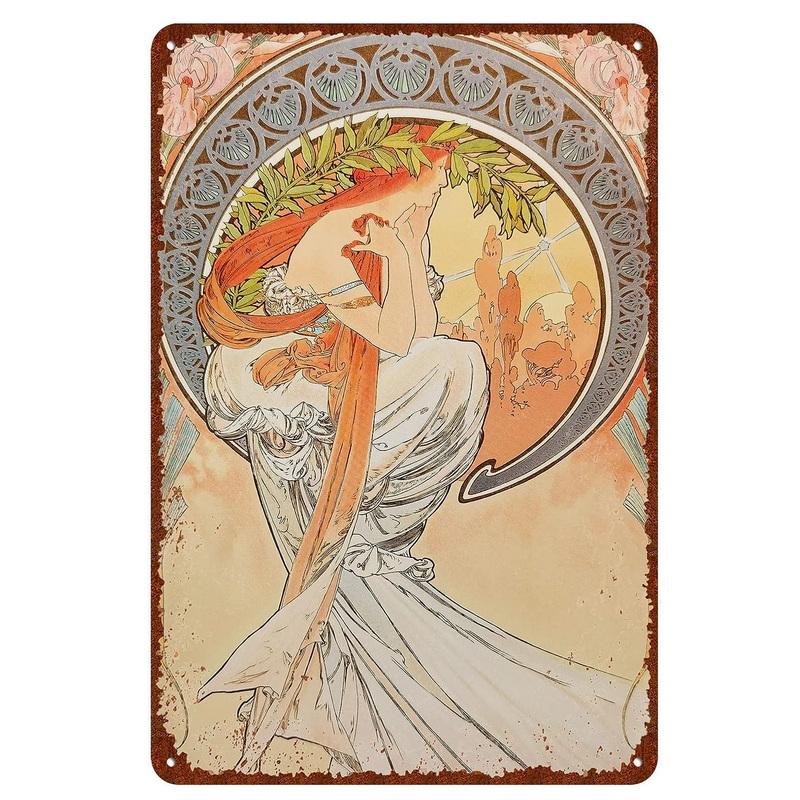 Vintage Metal Tin Signs Beauty-Art Nouveau Decorative Signs Four Seasons - Illustration Girl Retro Wall Decor Home Wall Signs