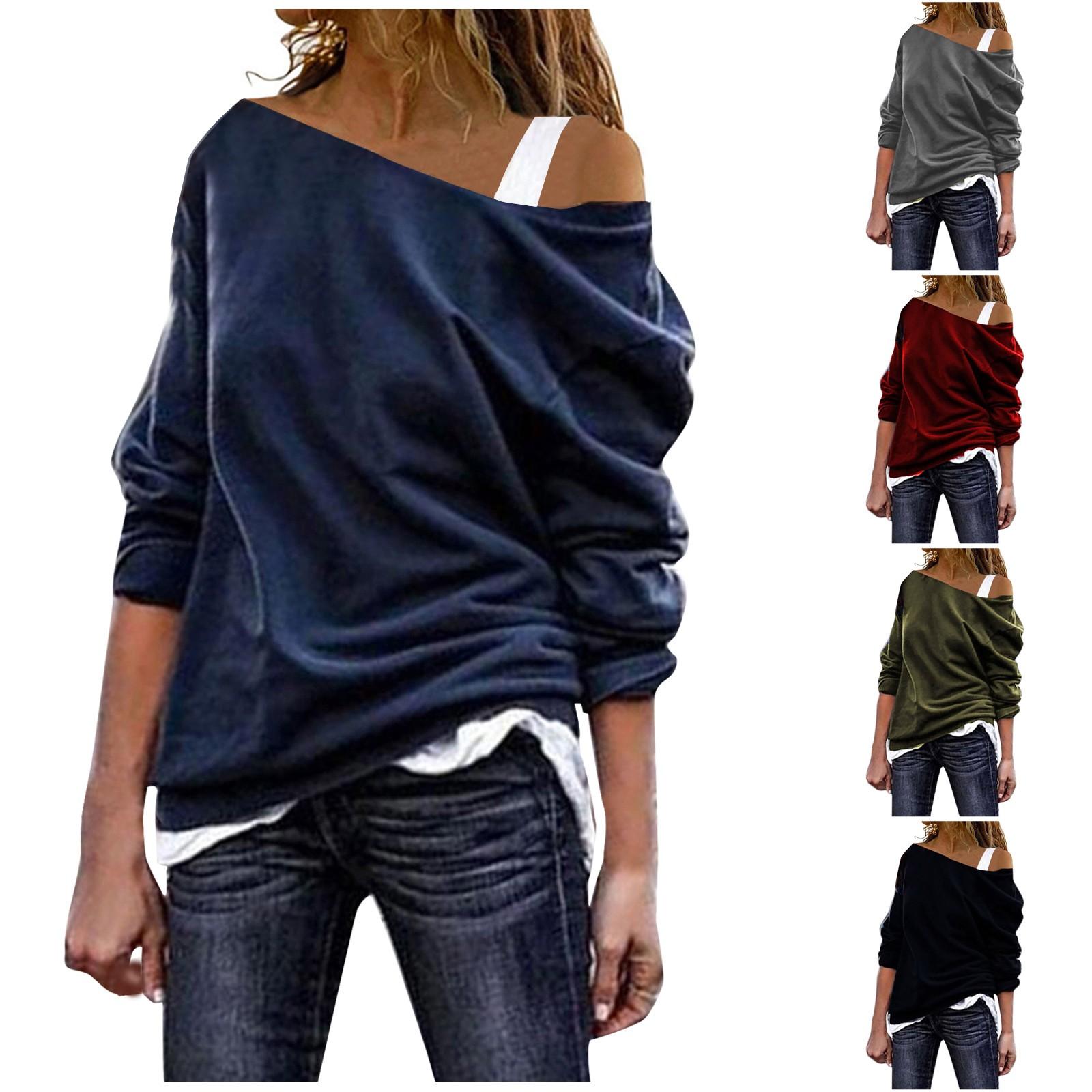 

Top Plus Size Women Long Sleeve V-neck Solid One-shouder Blouse Fashion T-shirt