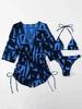 2023 Women's Sexy Three-Piece Swimwear Set with Elegant Neckline, Printed Belted High-Waisted Skirt
