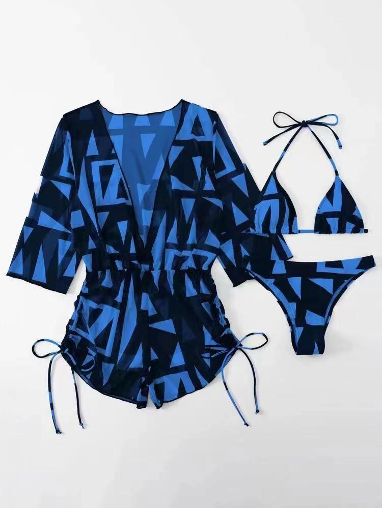 2023 Women's Sexy Three-Piece Swimwear Set with Elegant Neckline, Printed Belted High-Waisted Skirt