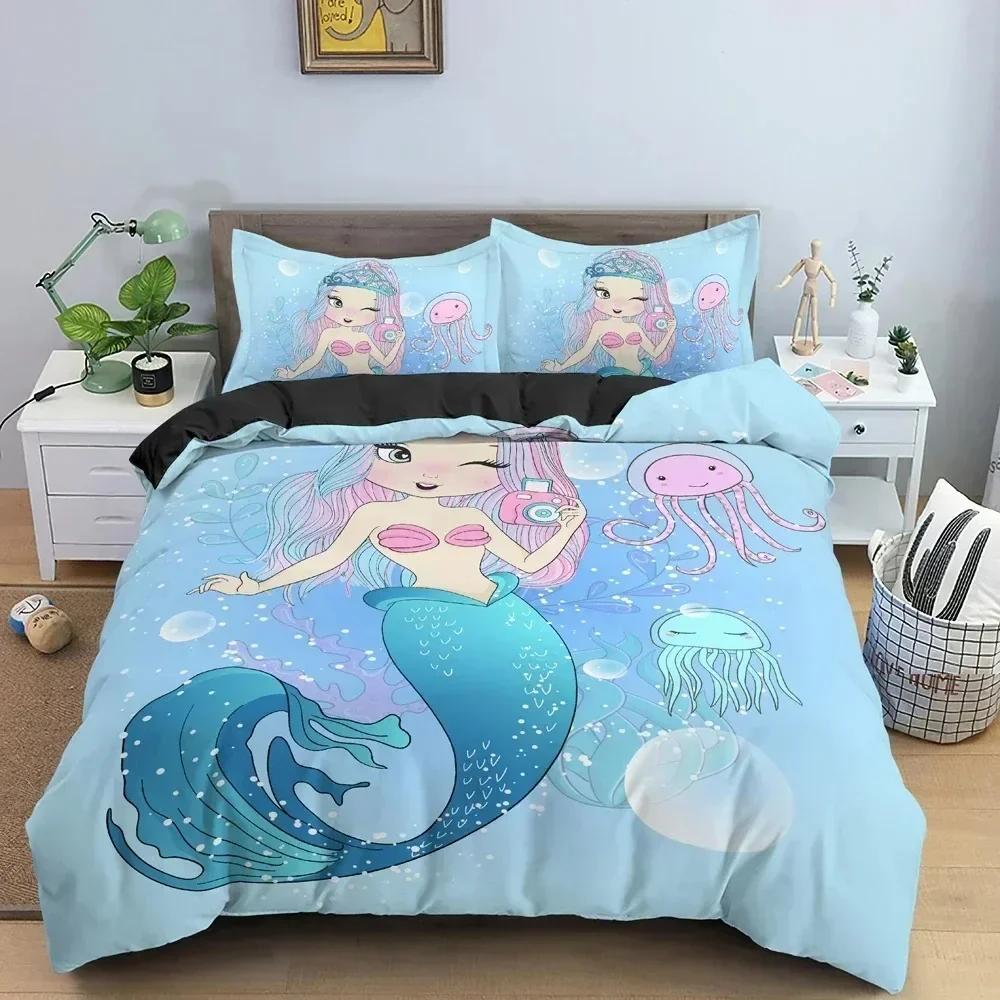 Cartoon Meerjungfrau Bettbezug Set 3D Muster Bettwäsche Set Für Mädchen Schlafzimmer Dekor Einzelbett Twin Queen Size Mädchen Kinder Geschenk