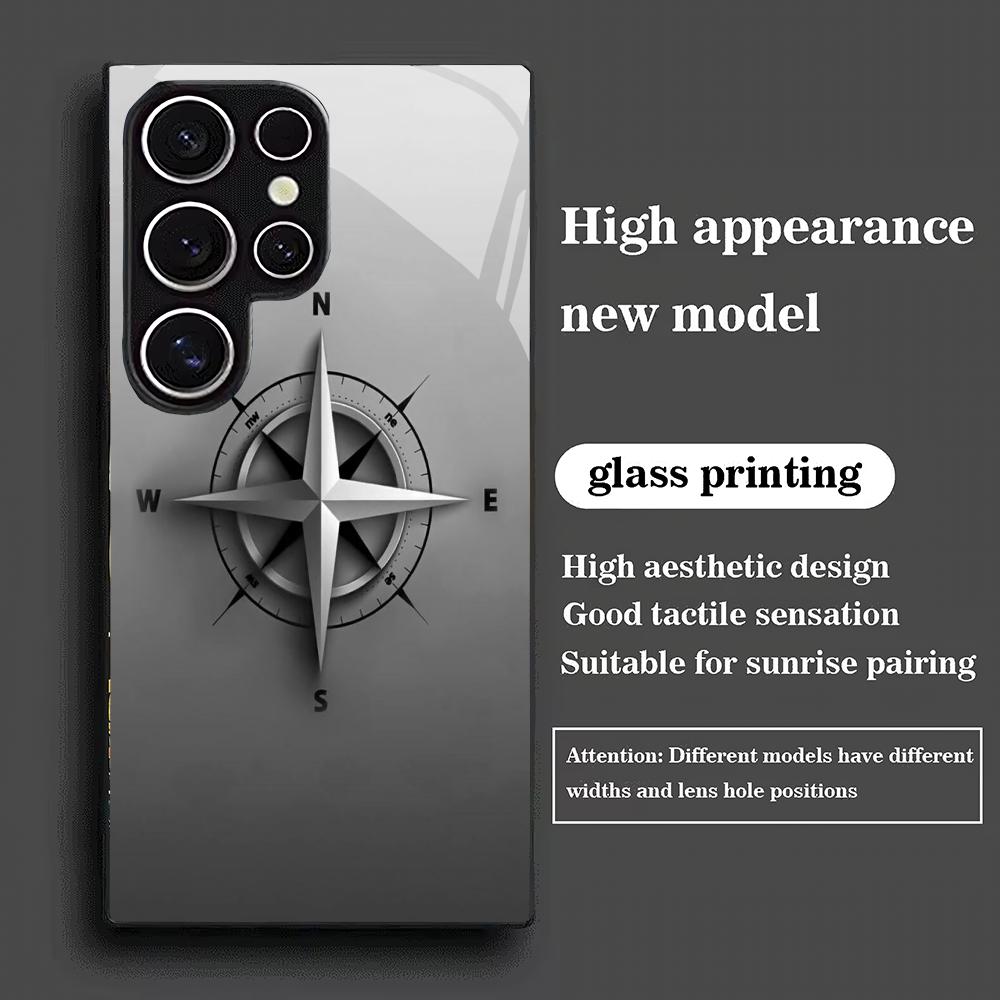 Compass pattern tempered glass phone case suitable for Samsung GalaxyS26 S25 S24 S23 S22 S20FE/Ultra/Plus5G anti drop back cover