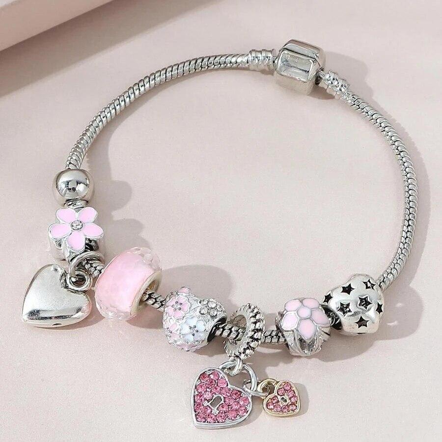 Obega Love Heart Flower Glass Pendant Charm Bracelet Classic Pink White Crystal Stone Adjustable Bead Bracelet Copper Gold Color