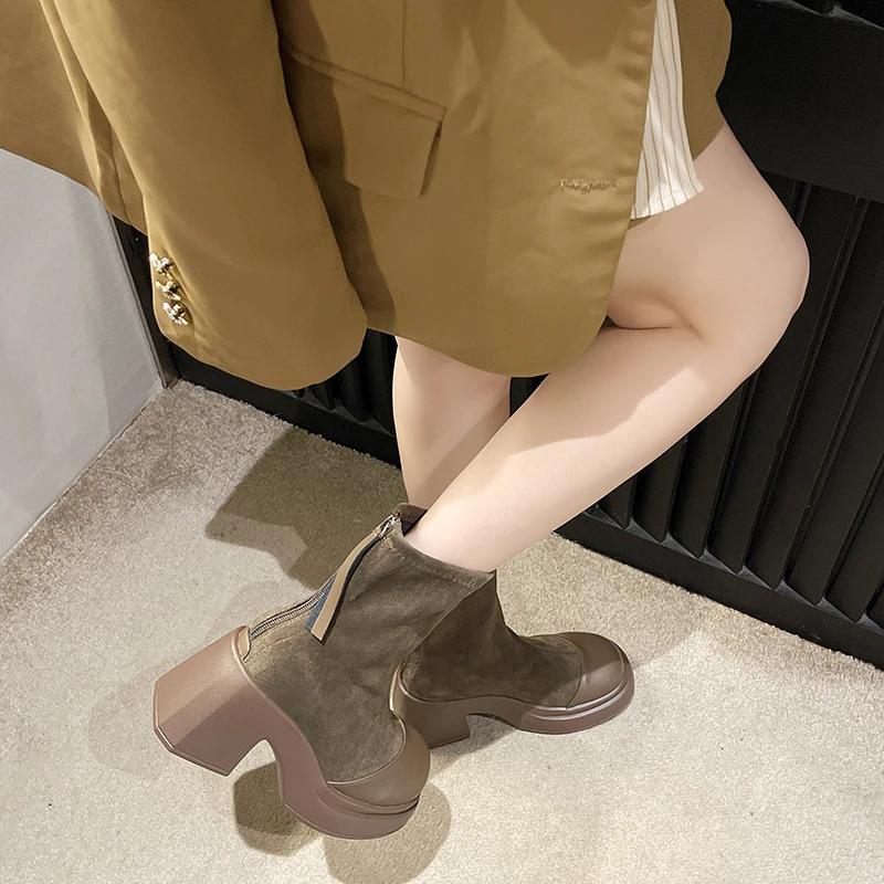 Fashion Women's Fashion Boots Thick Sole Fang Hei Back Zipper Ankle Boots for Women Fur Integrated Round Toe Shoes New Winter High Heels