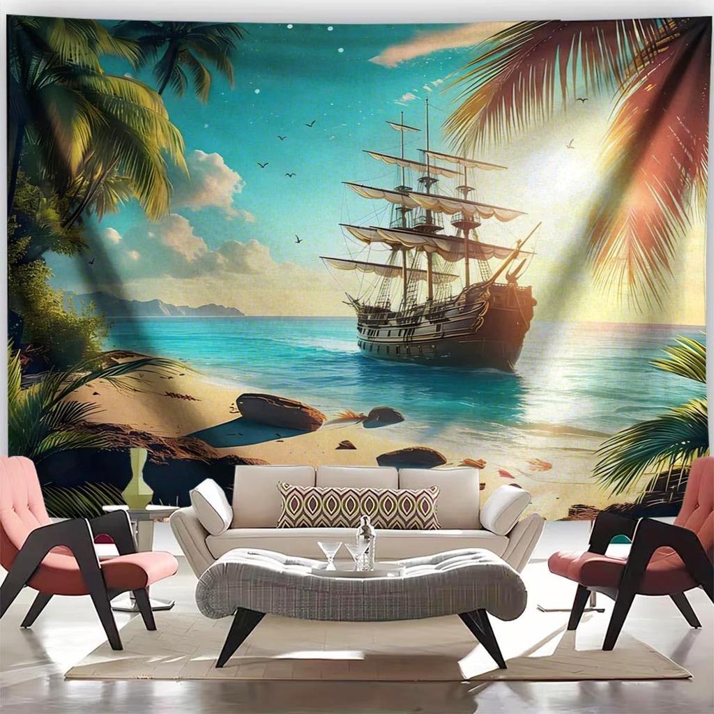 Nautischer Wandteppich Vintage Geistersegelboot Wandkunst Fantasie Meeresstrand Szenerie Nautisches Piratenschiff Welle Segeln Wandbehang