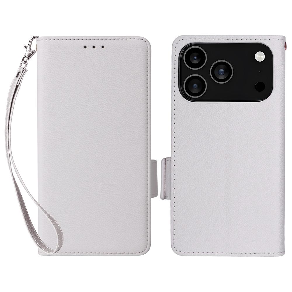 For iPhone 17 Pro Case with Wrist Strap Litchi Texture PU Leather Wallet Phone Cover