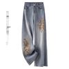 Spring 2026 Women's Chinese Style Embroidered Jeans: Trendy, Loose, Slimming Wide Straight-Leg Pants