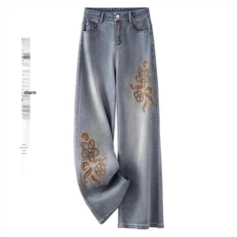 Spring 2026 Women s Chinese Style Embroidered Jeans: Trendy, Loose, Slimming Wide Straight-Leg Pants L синий
