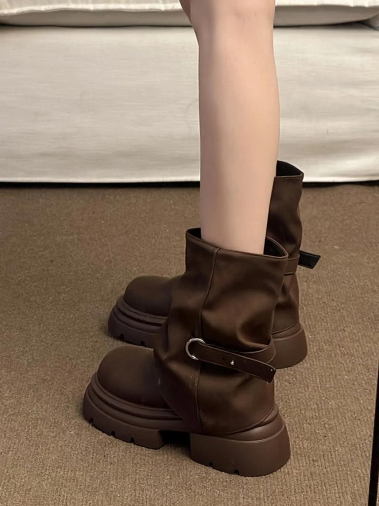 Brown Ort Boots Women'S Autumn Winter Thi Bot Faion Boots Slim Leg Tube Shoes Street Sle Round Toe Women Shoes