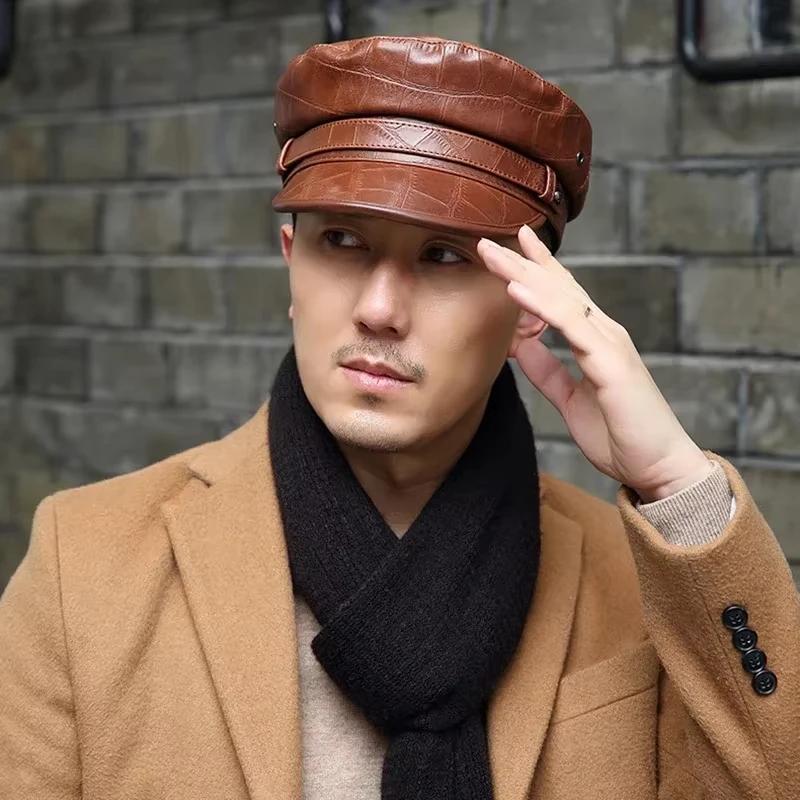 100% Sheepskin Military Hat - XXL Genuine Leather Flat Top Cap for Men/Women, Vintage Rock Style Unisex Headwearoll Captain Hat