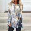 Plus Size Women Spring Feather Printed Comfy Long Sleeve Round Collar T-shirt Casual Baggy Mid Length Tee Tops