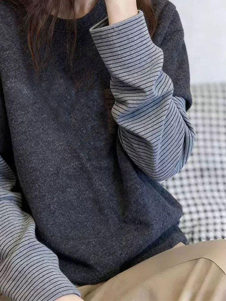 Korean Style Striped Patchwork Long Sleeve Women's Thermal T-Shirt - Versatile Fake Two-Piece Fleece Layer for Autumn/Winter