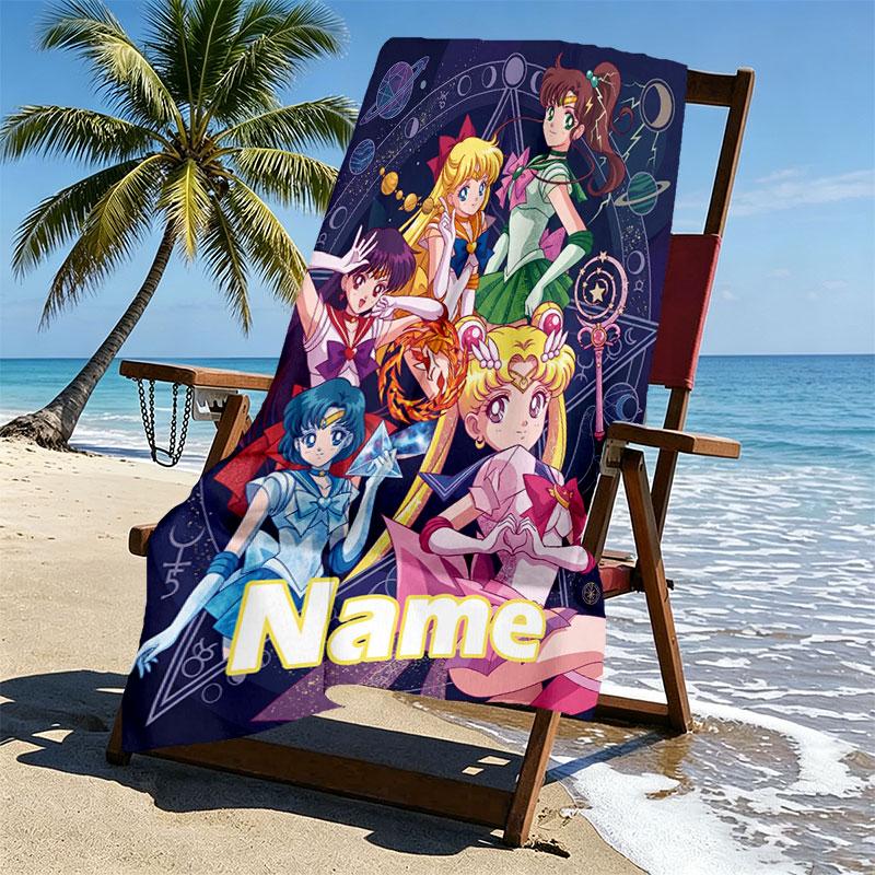 Custom Name Personalized Sailor Moon Print Beach Towel, for Trip Camping Beach Party Home Decor, Birthday Gift for Family & Friends