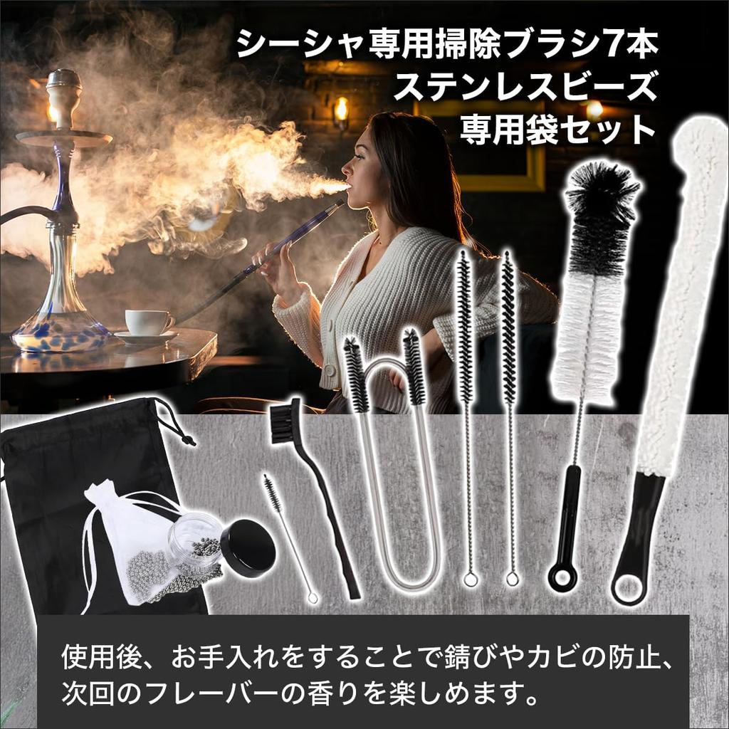 SALUDABLE Shisha Cleaning Bottle Stainless Steel Limescale Storage 7 Pieces Set, Brush, Beads, Remover, Bag,