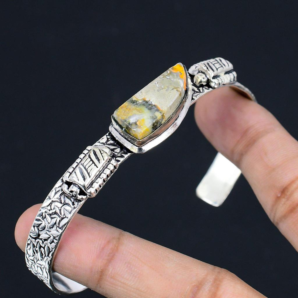 Natural Bumble Bee Jasper Gemstone Bangle Adjustable 925 Silver For Women