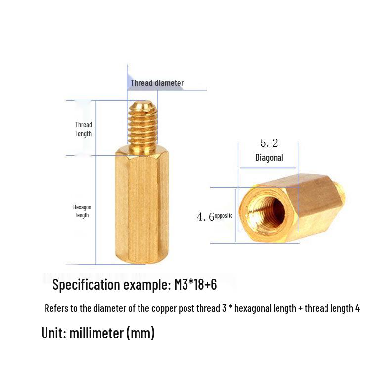 Hexagonal M3 Copper Pillar Motherboard Isolation Support Stud M3*6+6 Copper Hexagonal