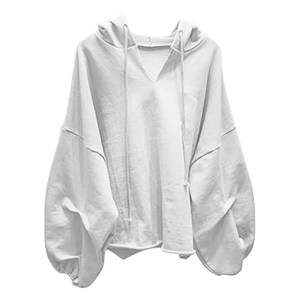 Women's Fashion Casual Solid Color V-Neck Hooded  Loose Long Sleeve Sweatshirt