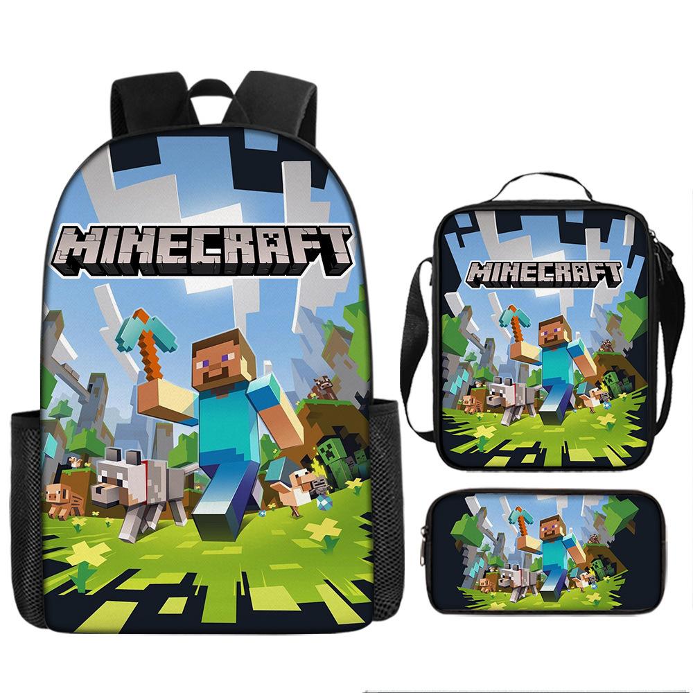 Minecraft Cartoon Print Backpack Set 3-Piece Student School Bag Water-Resistant Large Capacity Unisex